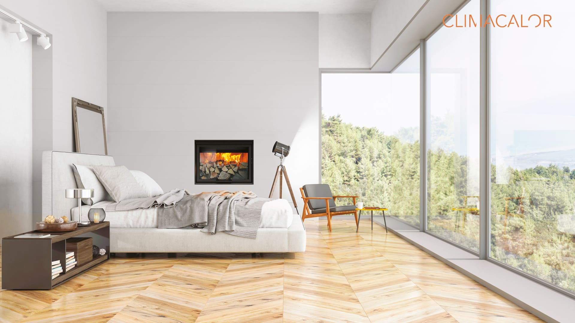 Termocamino moderno con rivestimento in pietra